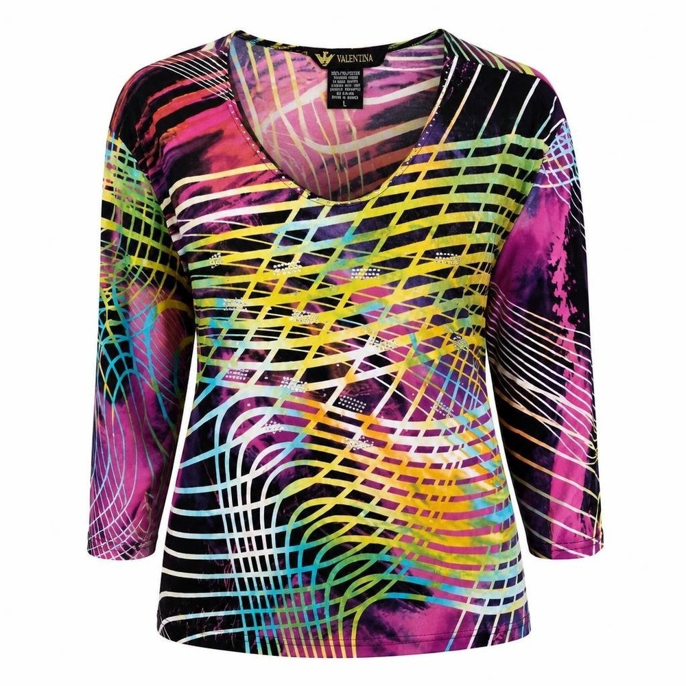 VTG Y2K Valentina Top Womens L Abstract Artsy Wearable Art to Wear 3/4 Sleeve